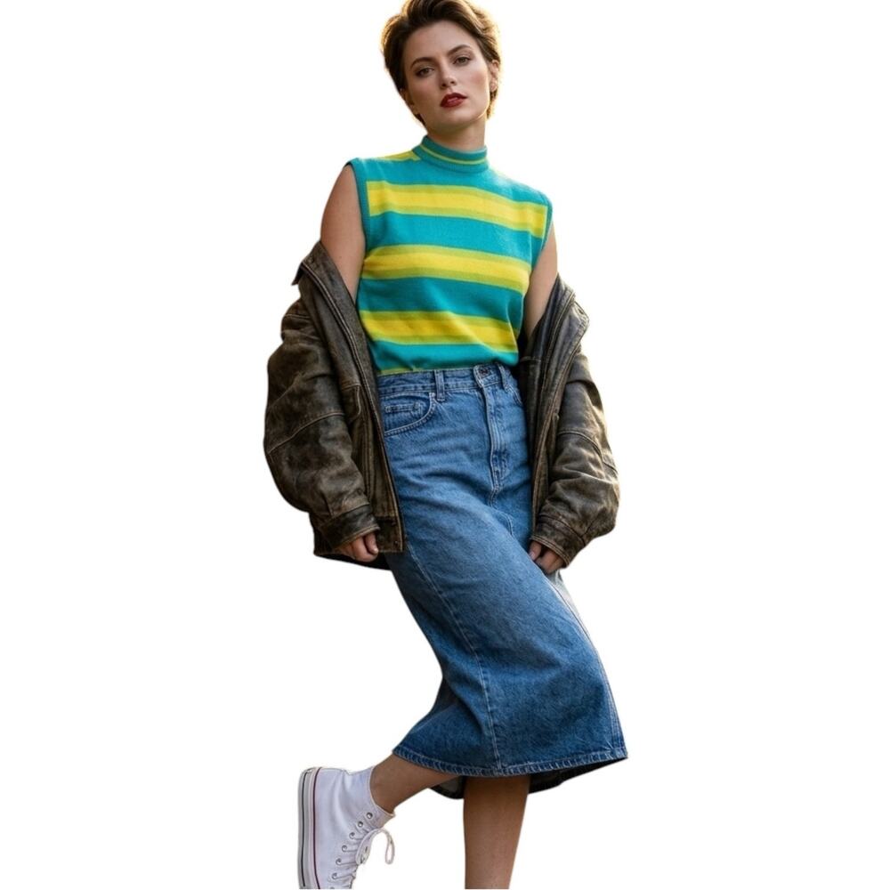Vintage Fully Fashioned Virgin Acrylic Sleeveless Striped Mock Neck Sweater Med